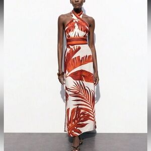 Elegant Halter Neck Tropical Print Dress